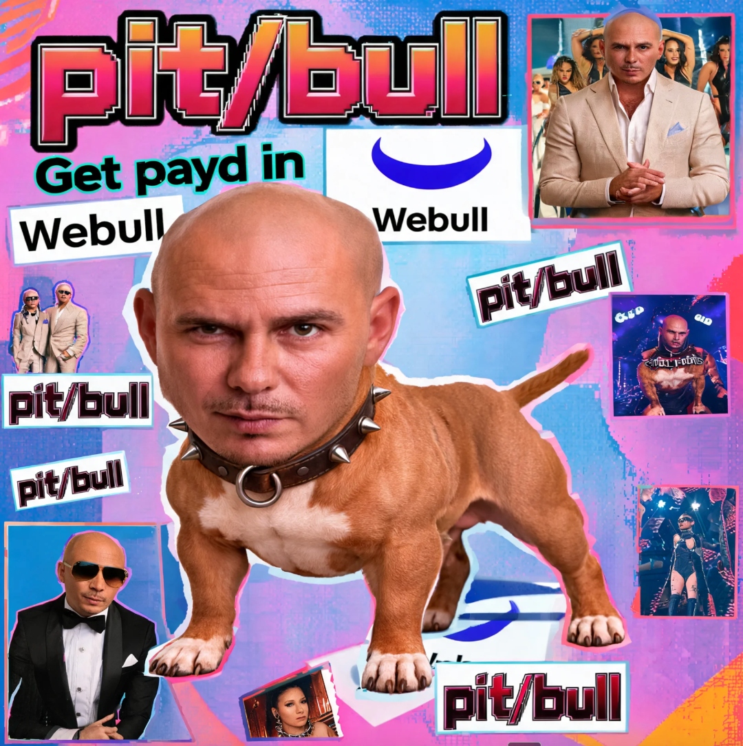 pit/bull meme collage: Pitbull head on a pit bull dog body with neon pit/bull and Webull branding